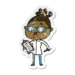 distressed sticker of a cartoon happy woman wearing spectacles