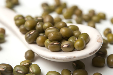 Closeup of mungo beans in a white spoon  on white background
