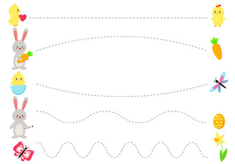 Trace line worksheet for kids, practicing fine motor skills. Cartoon Easter bunny and eggs, kawaii chick, spring flowers and insects. Educational game for preschool kids.