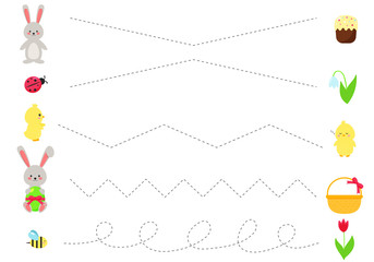 Trace line worksheet for kids, practicing fine motor skills. Kawaii Easter rabbit and eggs, chicks, spring flowers, ladybug and bee. Educational game for preschool kids.