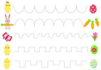 Trace line worksheet for kids, practicing fine motor skills. Cartoon kawaii eggs and bunny, spring flowers, chicks and butterfly. Educational game for preschool kids.