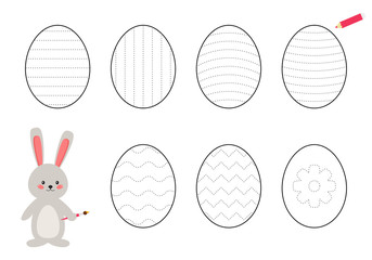Trace line worksheet for kids, practicing fine motor skills. Help the rabbit draws and paints Easter eggs. Educational game for preschool kids.