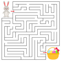 Maze game for preschool kids. Help the cartoon rabbit find right way to the basket of Easter eggs. Vector illustration.