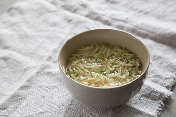 Bowl of chicken noodle soup. Homemade tasty Chicken soup in white bowl.