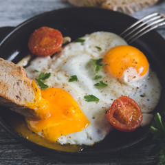Fried egg. Close up view of the fried egg on a frying pan with cherry tomatoes and parsley