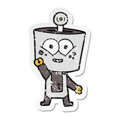 distressed sticker of a happy cartoon robot waving hello