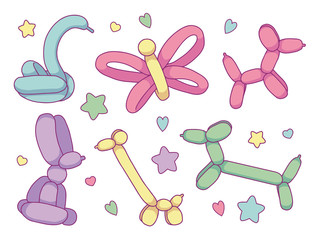 Vector collection set with different cute cartoon balloon animals including dogs, butterfly, swan, giraffe and bunny in soft pastel colors