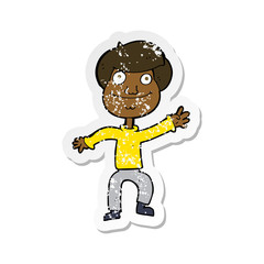 retro distressed sticker of a cartoon happy man waving