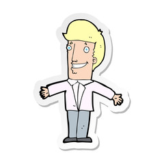 sticker of a cartoon grining man with open arms