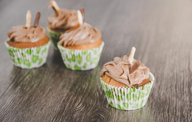 Chocolate cupcakes on wooden table background. Birthday celebration