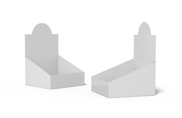 POS POI Cardboard Blank Empty Display Show Box Holder For Advertising Fliers, Leaflets, Products, Magazines and Newspapers. Mock Up Template Isolated On White Background. 3D Illustration