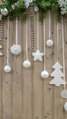 Festive Gifts Decorated with Linen Cord, Cinnamon, Pine cones, Walnuts. Toned image. Snow Drawn