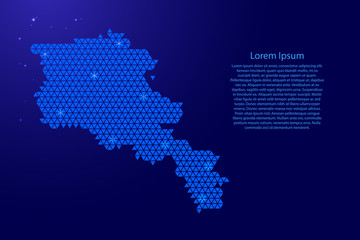 Obraz premium Armenia map abstract schematic from blue triangles repeating pattern geometric background with nodes and space stars for banner, poster, greeting card. Vector illustration.