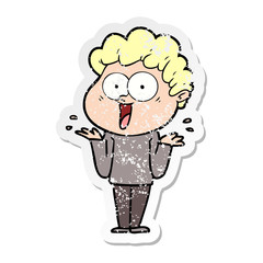 distressed sticker of a cartoon happy man