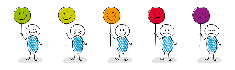 Hand drawn stickman holding funny balloons with emoticons - collection. Vector