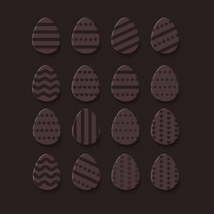 Paper cut Easter Egg set isolated on dark. Eggs Hunt elements. Beautiful holidays symbols for cards, e-mail newsletter, sale internet banners, advertisement, article