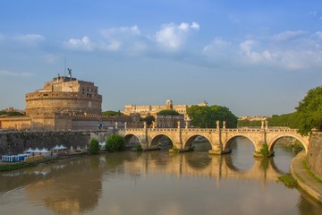 Castel Sant Angelo or Mausoleum of Hadrian in Rome Italy. Saint Angel Castle and bridge over the...