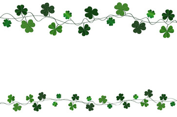 Green festive bunting with clover. Irish holiday - Happy St. Patrick's Day with a garland of three-leaf. Greeting card, poster, banner. Vector