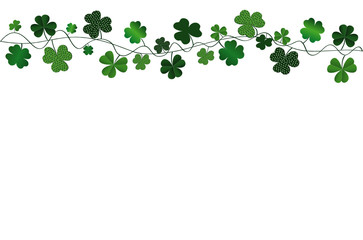 Green festive bunting with clover. Irish holiday - Happy St. Patrick's Day with a garland of three-leaf. Greeting card, poster, banner. Vector