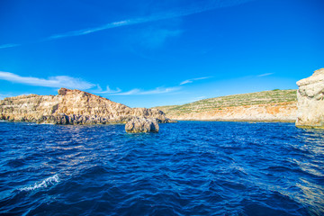 Cliffs and sea view of Comino island from boat , Malta. Seascape at Malta, Comino and Gozo islands