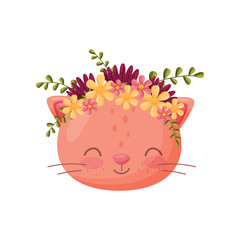 Cat muzzle with flower wreath. Flora and fauna concept.