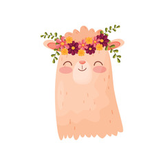 Lama head with flower wreath. Flora and fauna concept.