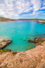 COMINO, MALTA - November, 2018: Holidays at Blue lagoon on island Comino at Malta