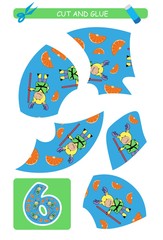 Cut and glue worksheet: number 6.  Educational game for kids. Learning numbers.
