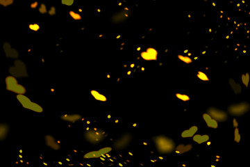 Gold and yellow hearts bokeh overlay, hearts photo overlay, abstract background, shiny gold and yellow hearts flowing around. Photo overlay effect, hearts bokeh on black background, JPG file.