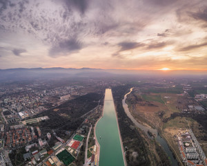 Aerial view with sunset over rowing channel in Plovdiv city - european capital of culture 2019,...