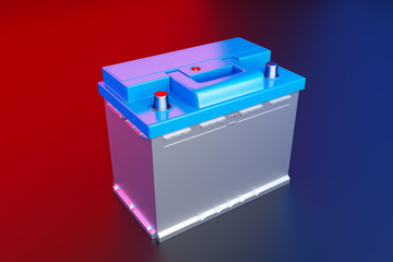 3D rendering. Car battery on multicolor background. Acid battery for start auto. 12v auto battery