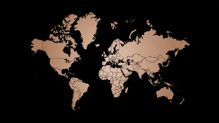 Kupferne Weltkartenillustration, Kupferfolienbeschaffenheit und handgezeichnete Landesgrenzen auf schwarzem Hintergrund. © okufner
