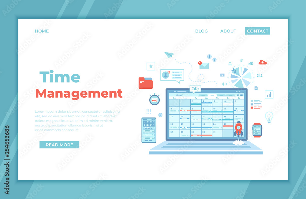 Poster time management, organization, planning schedule, distribution of tasks. laptop with schedule on the