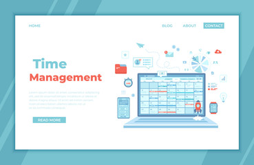 Time Management, organization, planning schedule, distribution of tasks. Laptop with schedule on the screen. application for computer, phone and smart watches. landing page for web, banner. Vector
