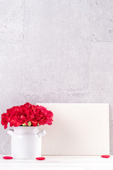 May mothers day handmade giftbox wishes photography - Beautiful blooming carnations with red ribbon box isolated on fair-faced gray background desk, close up, copy space, mock up