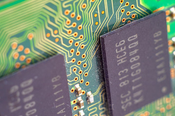 Macro picture of green printed circuit board - PCB