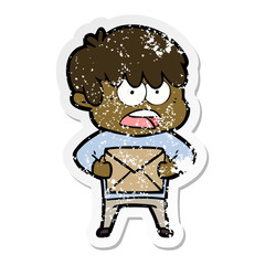 distressed sticker of a worried cartoon boy