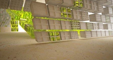 Obraz premium Abstract concrete and coquina parametric interior with window. 3D illustration and rendering.