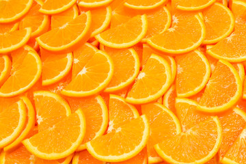 Slices of oranges as a background, top view.