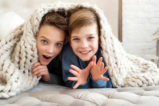 Two cute brothers playing together at home, smiling and looking into the camera. Portrait of kids, having fun under the blanket. Nice boys - best friends.  Family relations between brothers.