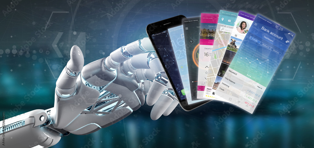 Poster cyborg hand holding mobile application template on a smartphone 3d rendering