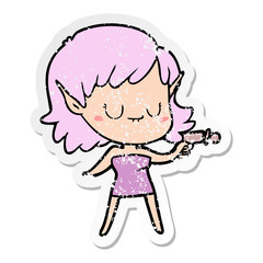 distressed sticker of a happy cartoon elf girl