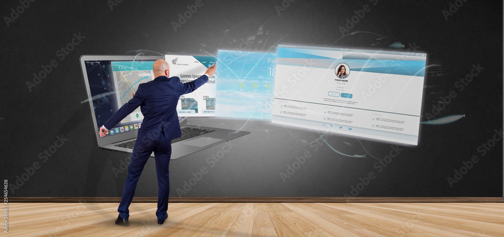 Poster businessman in front of website application going out a laptop screen 3d rendering