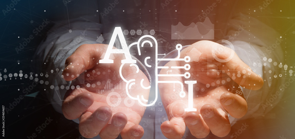 Poster business man holding artificial intelligence icon with half brain and half circuit 3d rendering