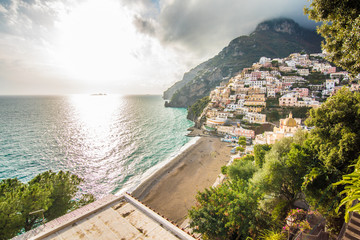 Beautiful panoramic view on sea and Positano, Italy
