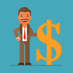Businessman smiling with dollar sign.