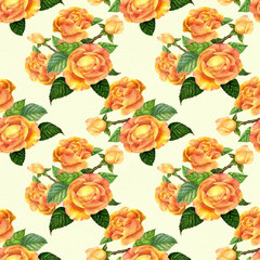 Flowers A branch of roses with leaves, flowers and buds. Watercolor. Seamless background. Collage of flowers and leaves on a watercolor background. Use printed materials, signs, items, websites, maps.