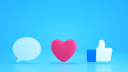 Like, heart, message stand on the blue floor. Blue background. Social media. Social networks. 3d render