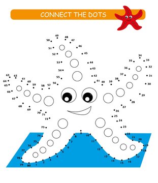 Connect the dots and color. Cute starfish. Cartoon vector Illustration of educational game. 