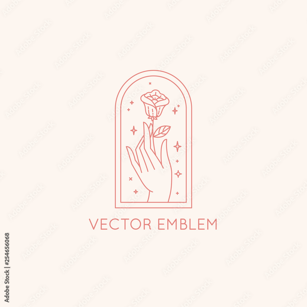Poster Vector abstract logo design template in trendy linear minimal style - hands with rose and stars